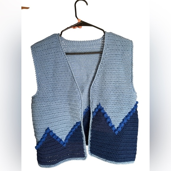 Handmade Sweaters - Hand knit blue cardigan sweater vest two toned